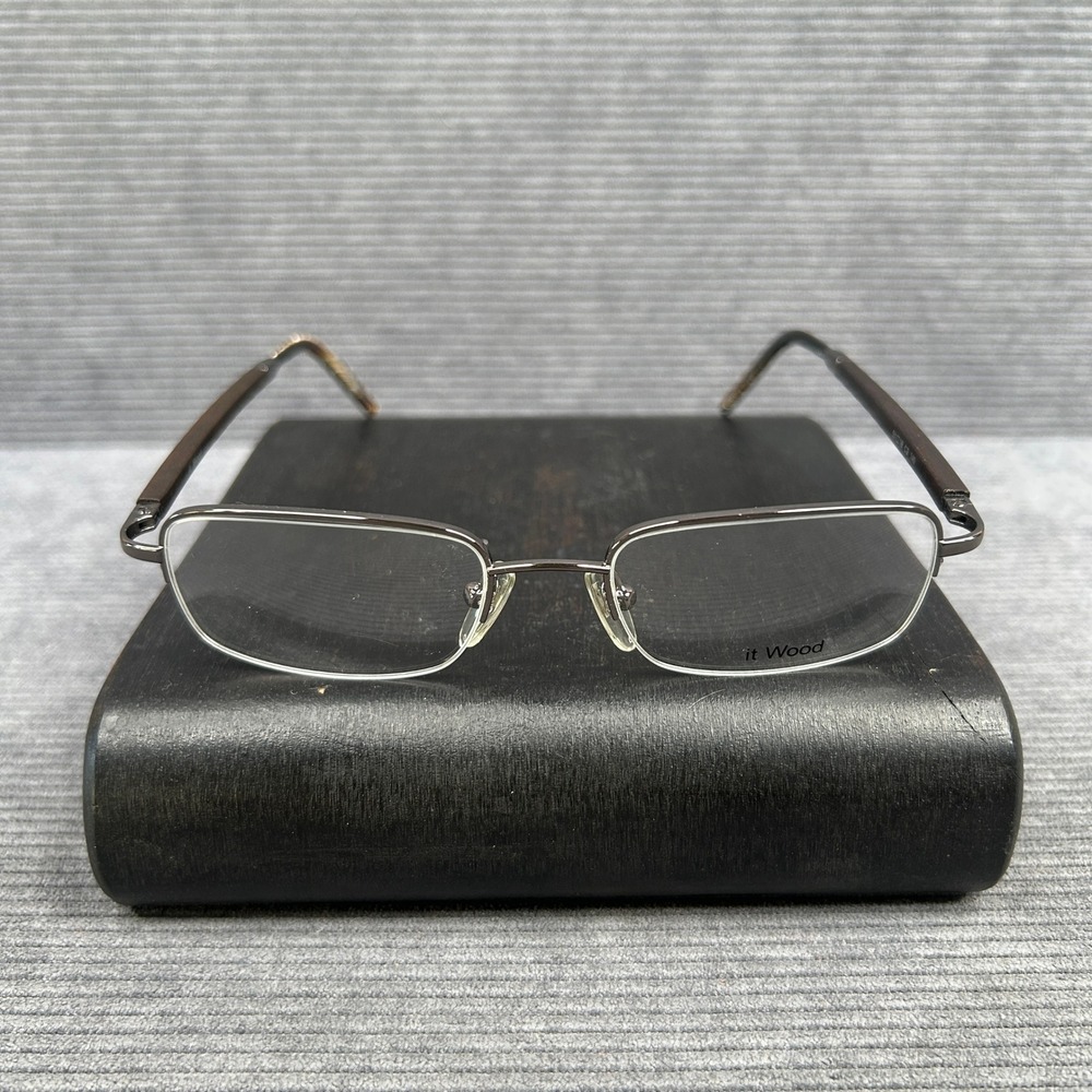 It Wood Semi Rimless Rectangular Y2k Eyeglass Frames Gunmetal Wood 51-18-140 C3